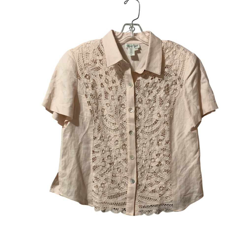 Coldwater Creek Blush Pink Linen Blend Crochet Lace Button Up Sheer Cover Up Top